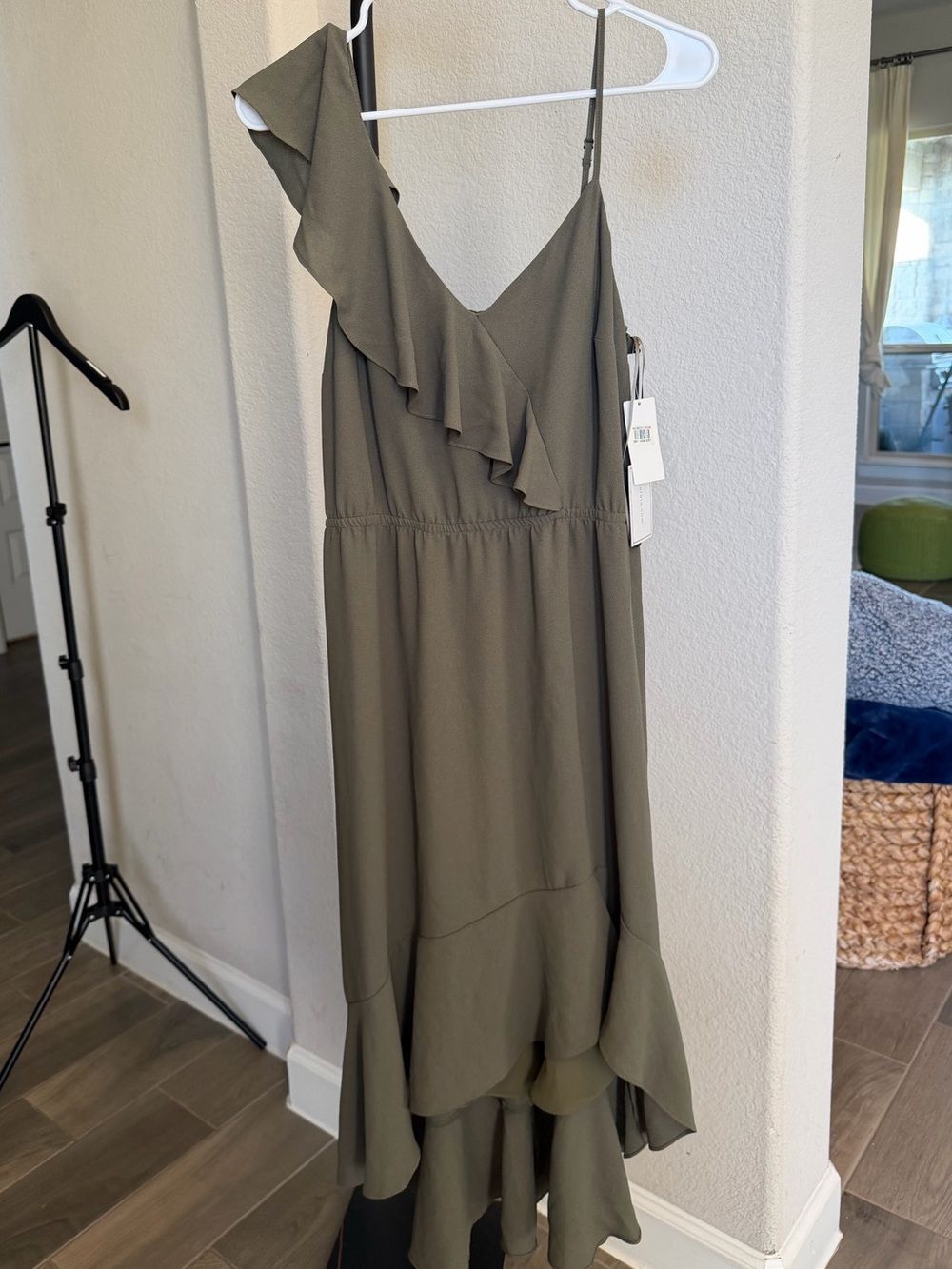 1. tate Olive One-Shoulder Ruffle Midi Dress S MSRP:$128
